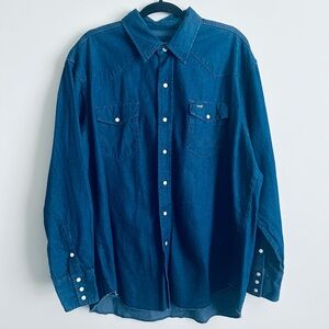Vintage Wrangler Blue Denim Shirt Men’s Size XXL, 18 X 36, Pearl Snap Buttons